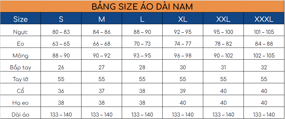 Bảng size áo dài nam dựa trên các số đo trên cơ thể