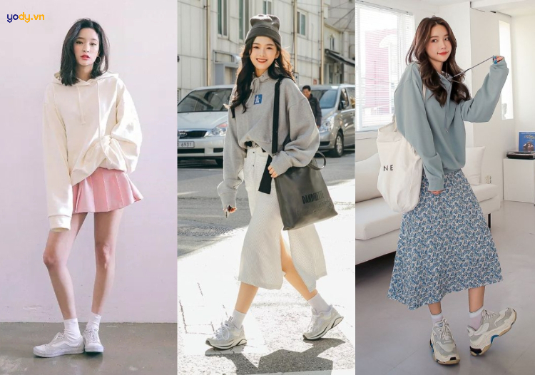 áo hoodie mặc với chân váy