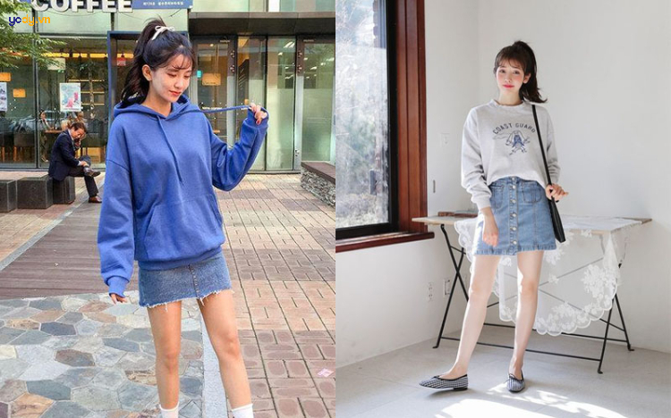 áo hoodie mặc với chân váy