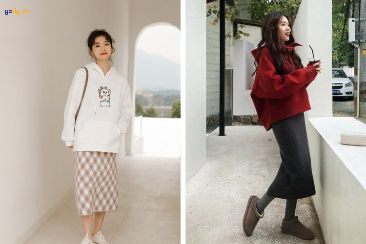 áo hoodie mặc với chân váy