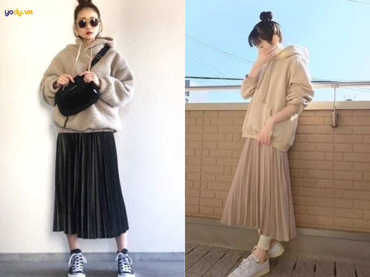 áo hoodie mặc với chân váy