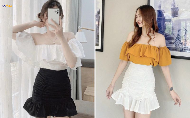 Chân váy rút dây phối với áo gì