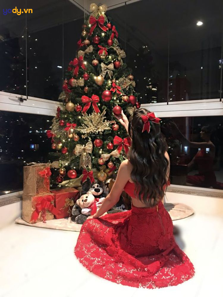 chụp ảnh với cây thông noel
