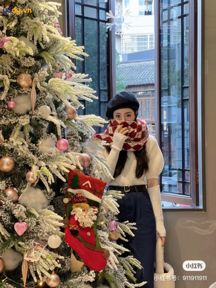 chụp ảnh với cây thông noel