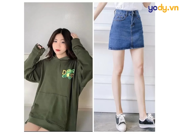 phối chân váy jean đi dám cưới