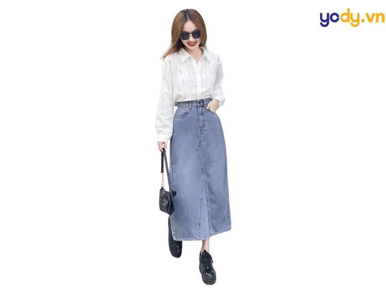phối chân váy jean đi dám cưới