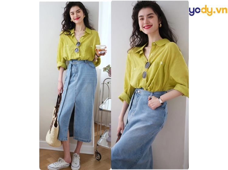 phối chân váy jean đi dám cưới