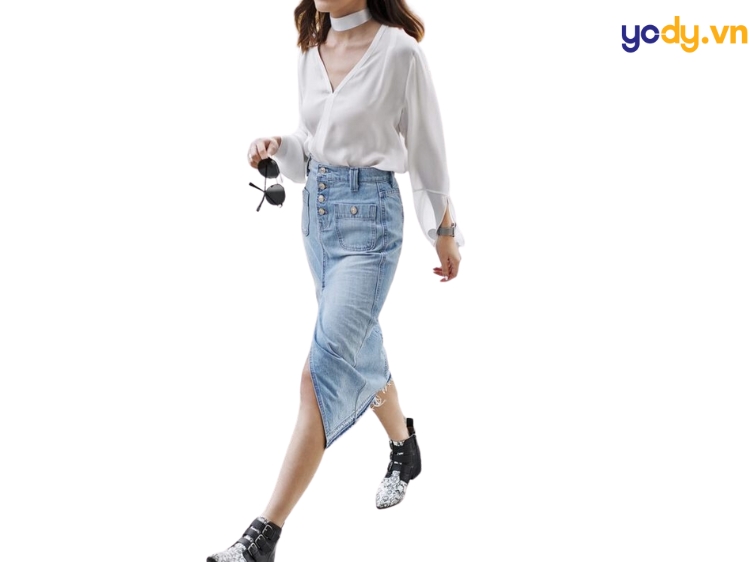 phối chân váy jean đi dám cưới