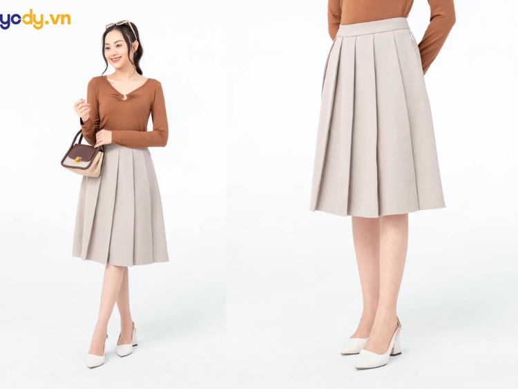 phối chân váy xếp ly dài cho người lùn