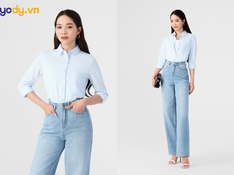 phối đồ với áo sơ mi xanh dương nữ