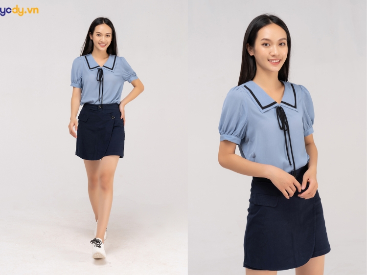 phối đồ với áo sơ mi xanh dương nữ
