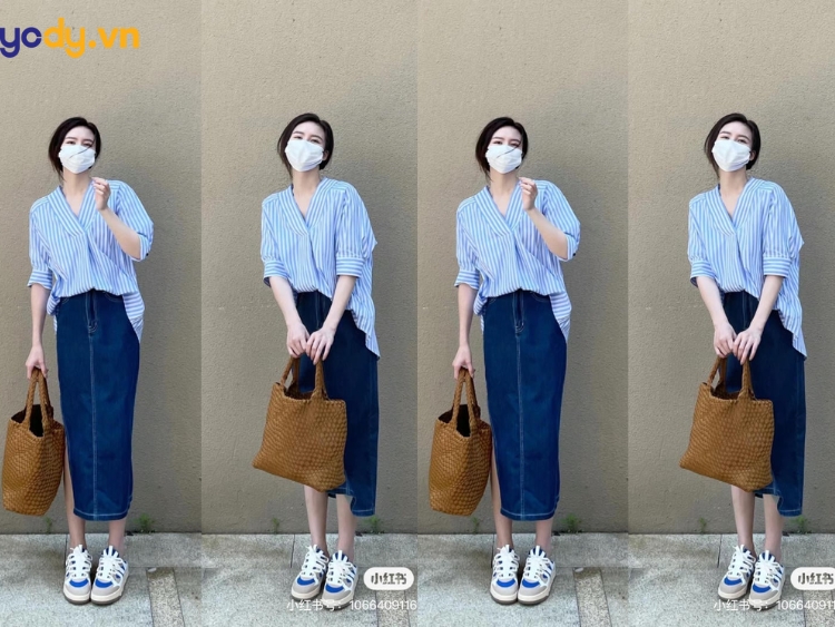 phối đồ với áo sơ mi xanh dương nữ