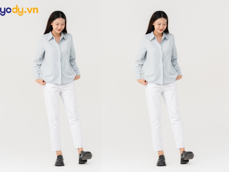 phối đồ với áo sơ mi xanh dương nữ