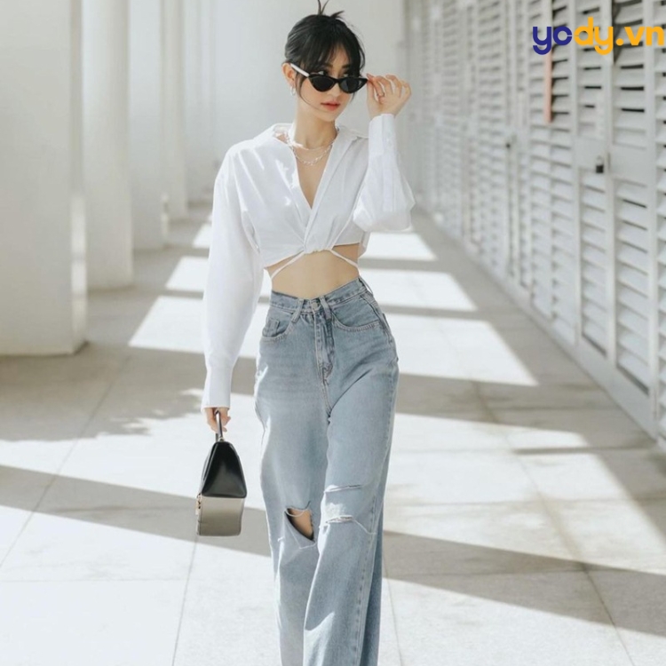 phối đồ với áo sơ mi trắng nữ