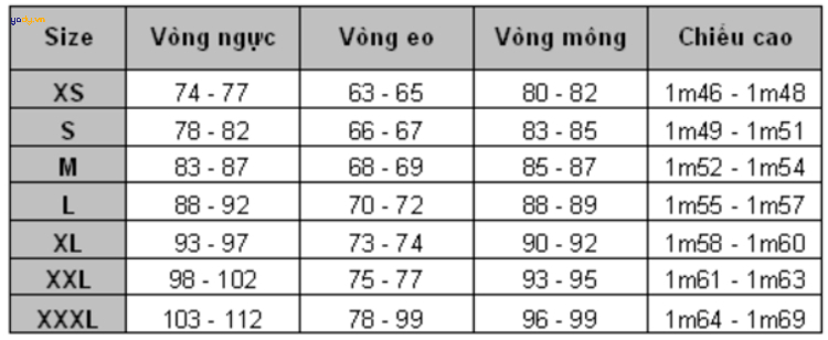 bảng size áo thể thao nam