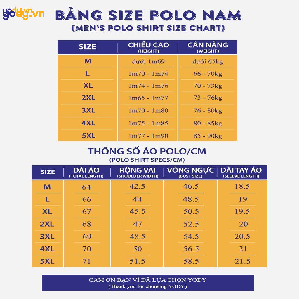bảng size áo polo nam