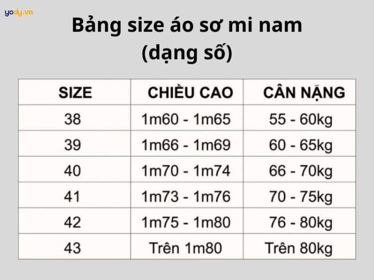 bảng size áo sơ mi nam